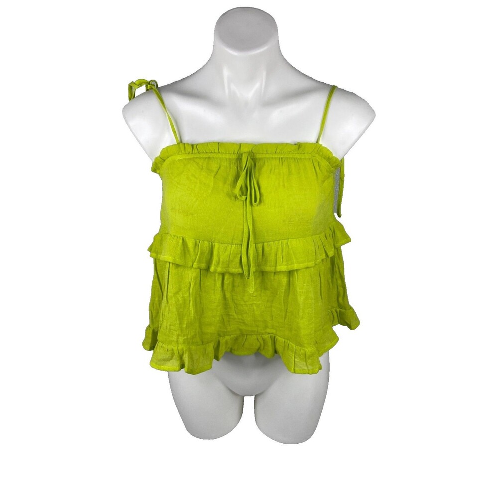 Timing Women Medium Ruffle Top Spaghetti Tie Strap Green Casual
